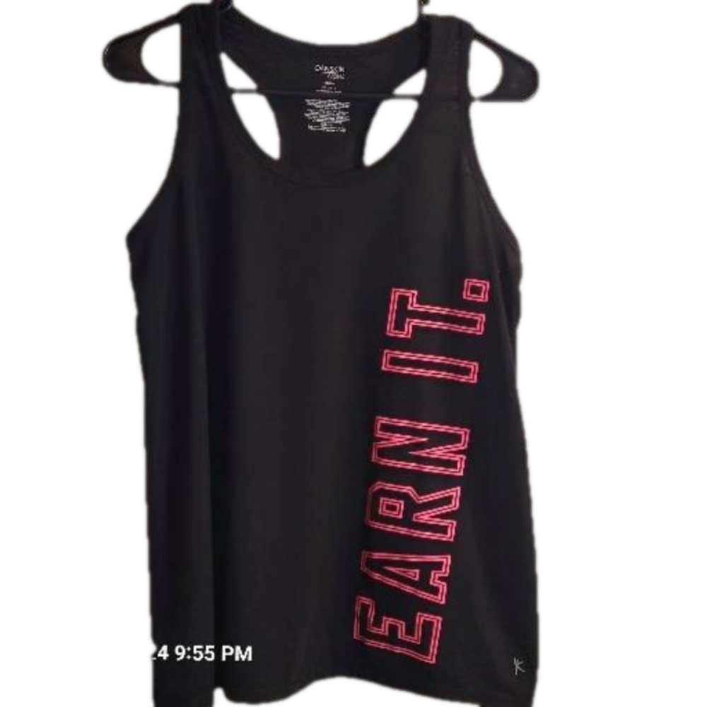 DANSKIN NOW, Black, racerback tank top with "Earn It" in hot pink. Sz.L - Picture 1 of 7